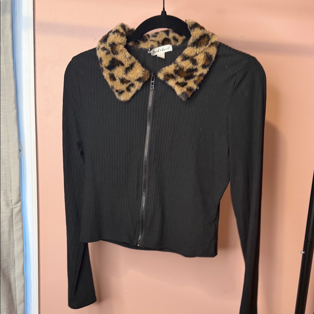 Black Jacket with Leopard Print Collar